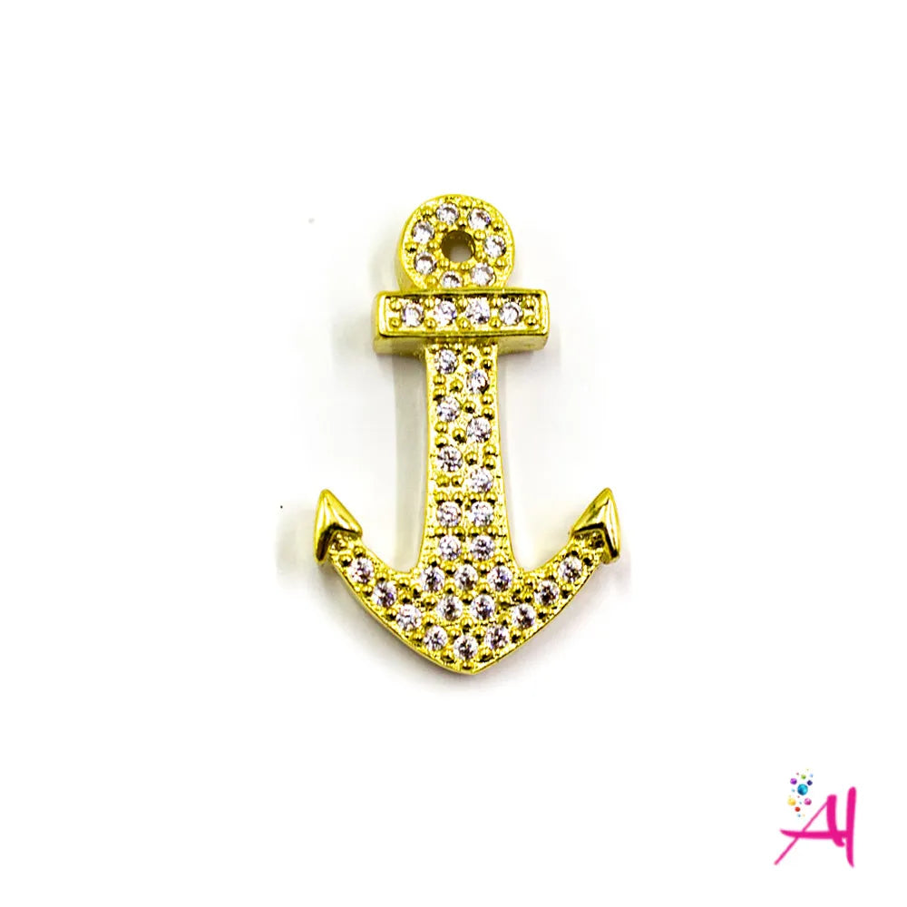 Dije Doble Argolla Rodio – Micro Pave Ancla Dorada Circón Blanco