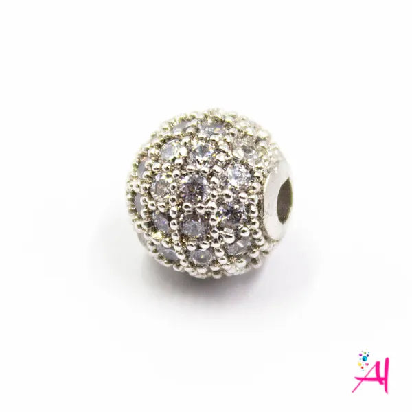 Dije Micro Pave/Rodio Bola Plateada Circón Blanco 8mm