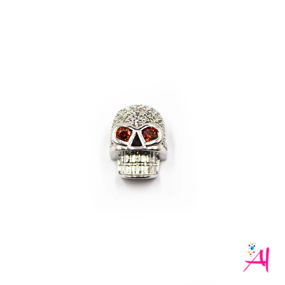 Dije Rodio – Micro Pave Calavera Plateada Circón Blanco + Rojo