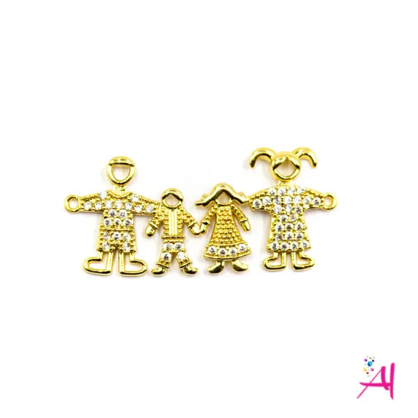 Dije Doble Argolla Rodio – Micro Pave Familia 4 Dorada Circón Blanco