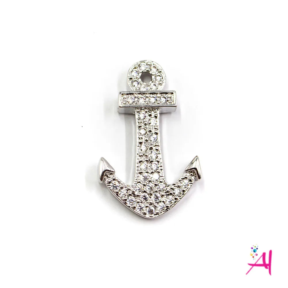 Dije Doble Argolla Rodio – Micro Pave Ancla Plateada Circón Blanco