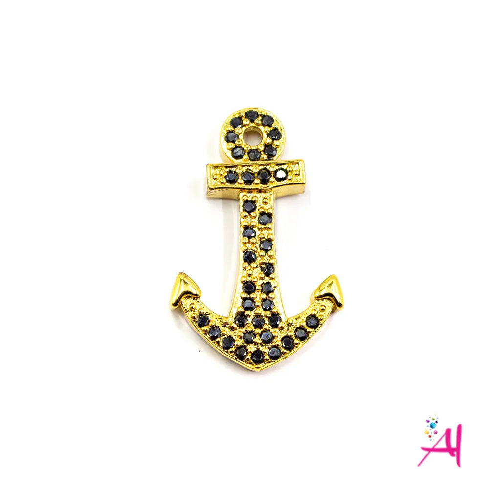 Dije Doble Argolla Rodio – Micro Pave Ancla Dorada Circón Negro