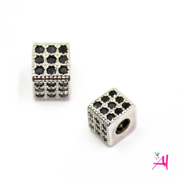 Dije Micro Pave/Rodio Plateado Cubo Micro Circón Negro