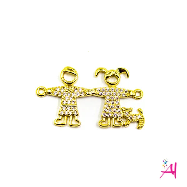 Dije Doble Argolla Rodio – Micro Pave Niños Con Mascota Dorada Circón Blanco